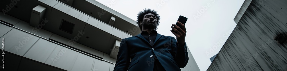 Poster a man in a suit is holding a cell phone in front of a building. concept of modernity and technology,