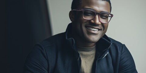 Obraz premium A man wearing glasses is smiling and wearing a black jacket. Concept of warmth and happiness
