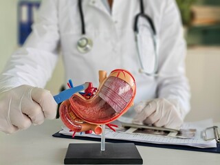 Surgeon held scalpel over an anatomical model of human stomach