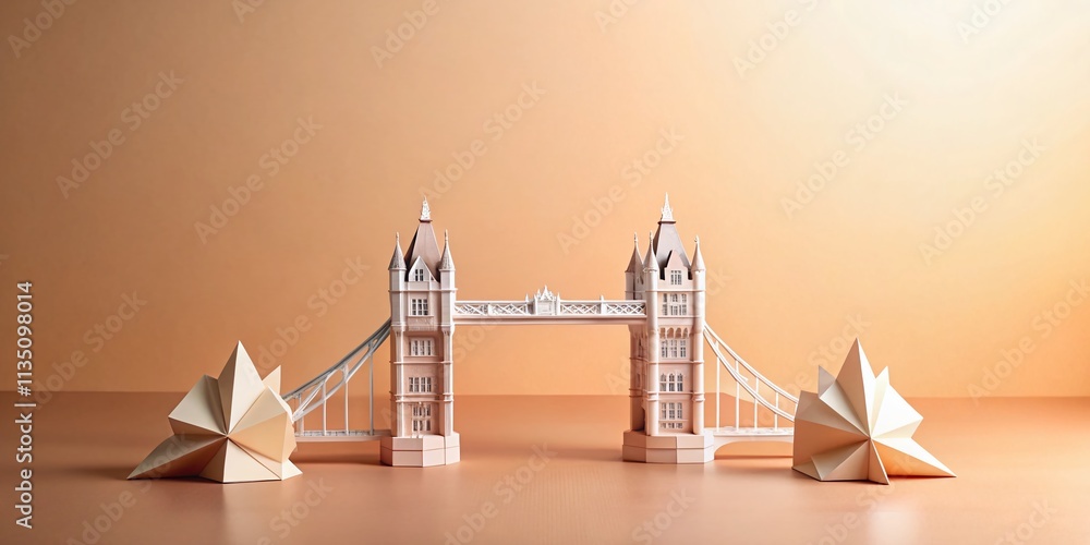 Poster origami tower bridge on a soft peach backdrop with space for text, perfect for creative projects and