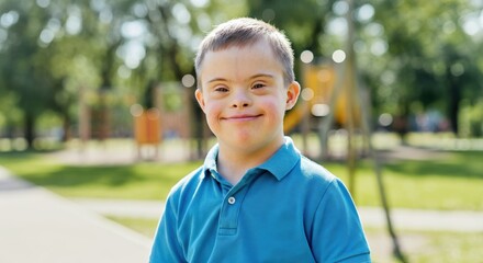Joyful young boy with down syndrome enjoying a sunny day in the park