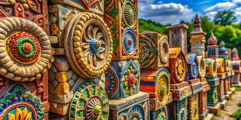 Obraz premium Ornate Decorative Stone Sculptures from Rusesti, Moldova: A Macro Photography Study of Intricate Details Captured on May 1, 2023, Showcasing Artistic Craftsmanship in Stone Artistry