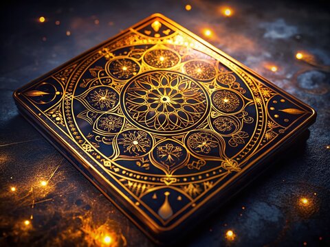 Ornate Divination Card with Intricate Golden Designs and Mystical Symbols on Dark Background for Themes of Magic, Tarot, and Divination