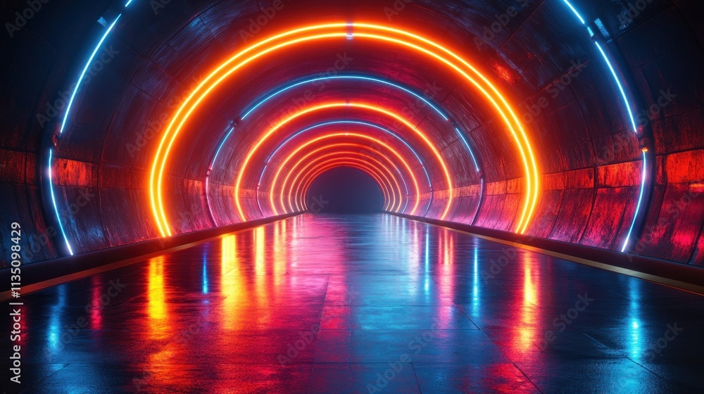 Poster a vibrant tunnel illuminated with neon lights reflecting on a glossy surface.