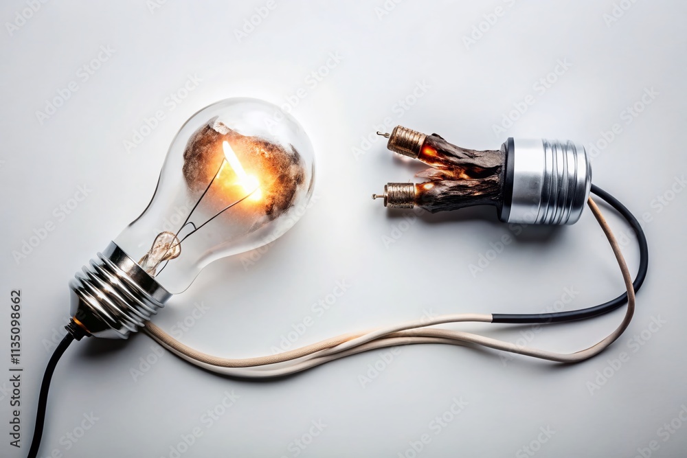 Poster overhead view of a burned-out light bulb with connection failure, depicting electrical issues and co