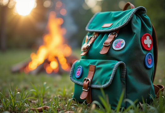 Girl Scout leader&rsquo;s backpack with patches on grassy field by campfire, Girl Scout Leader Day
