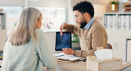 Xray, spine and tablet screen with doctor and old woman for consulting, orthopedic expert and...