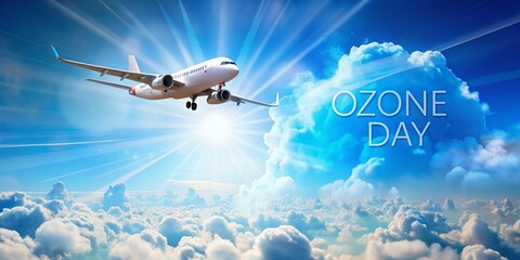 Obraz premium Ozone Day Celebration: Airplane in Side View Against a Stunning Blue Sky with Clouds, Emphasizing Environmental Awareness and Air Quality