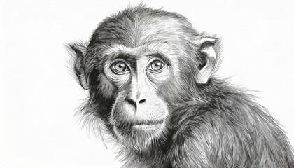 Monkey sketched in pencil on white background