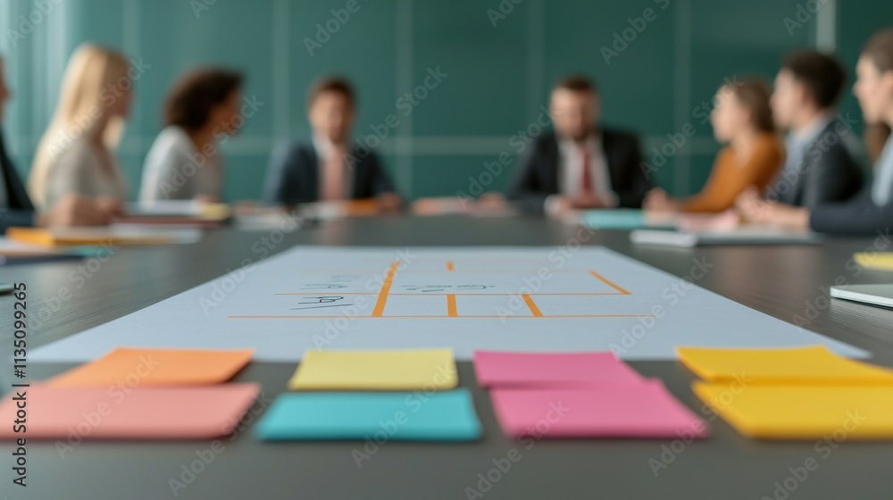 Poster collaborative business meeting with diverse professionals strategizing over colorful notes and diagr