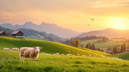 A serene landscape featuring a sheep grazing in a lush green meadow at sunset, surrounded by mountains and a tranquil sky.