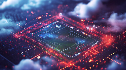 A glowing outdoor sports event icon with weather data, representing online platforms for managing environmental conditions in sports. 