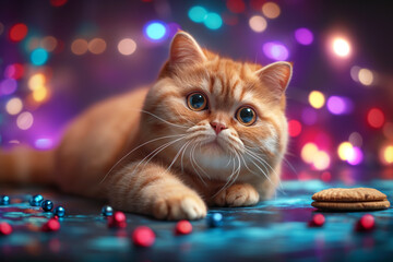 Ginger cat and kitten playfully posing with festive lights and bokeh, colorful and cute holiday...