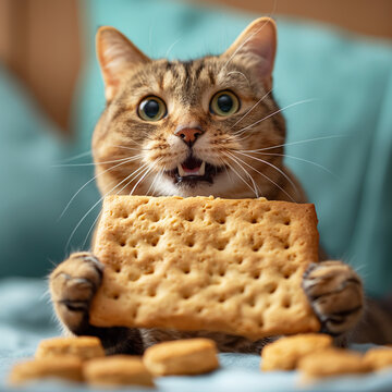 Adorable cat with big eyes munching on a cracker while sitting on a comfy bed