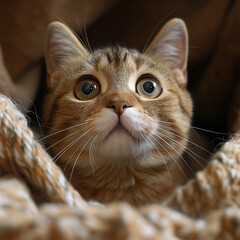 Adorable kitten with big eyes and fur snuggled in a blanket showcasing a cute feline pet face