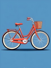 Fototapeta premium A vibrant red bicycle with a classic design, featuring a wicker basket and whitewall tires, set against a smooth blue background, emanating a cheerful and retro vibe.