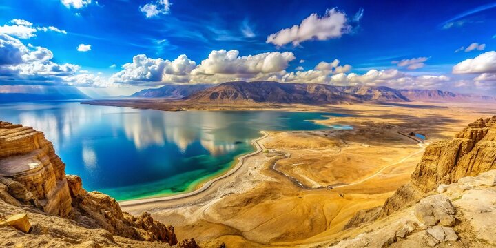 Panoramic Landscape of the Judaean Desert and Dead Sea from Massada Fortress, Showcasing Natural Beauty and Historical Significance of This Iconic Location in Israel