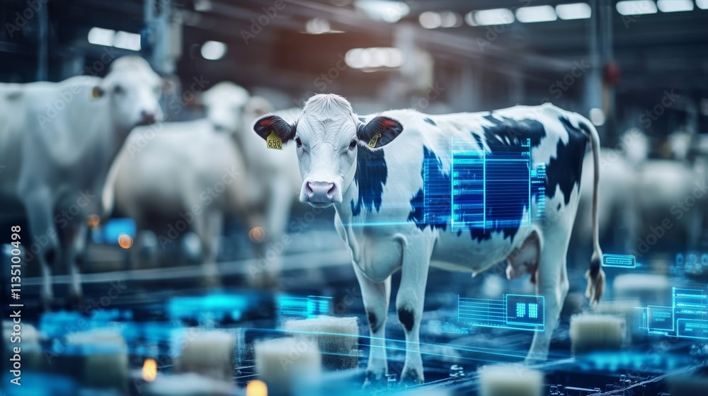 Poster holstein cow in a high-tech dairy farm setting, with digital data and charts overlaying the scene, r
