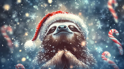 A peaceful sloth wearing a santa hat meditating with a blissful smile, surrounded by falling snowflakes and candy canes. Blissful. Illustration