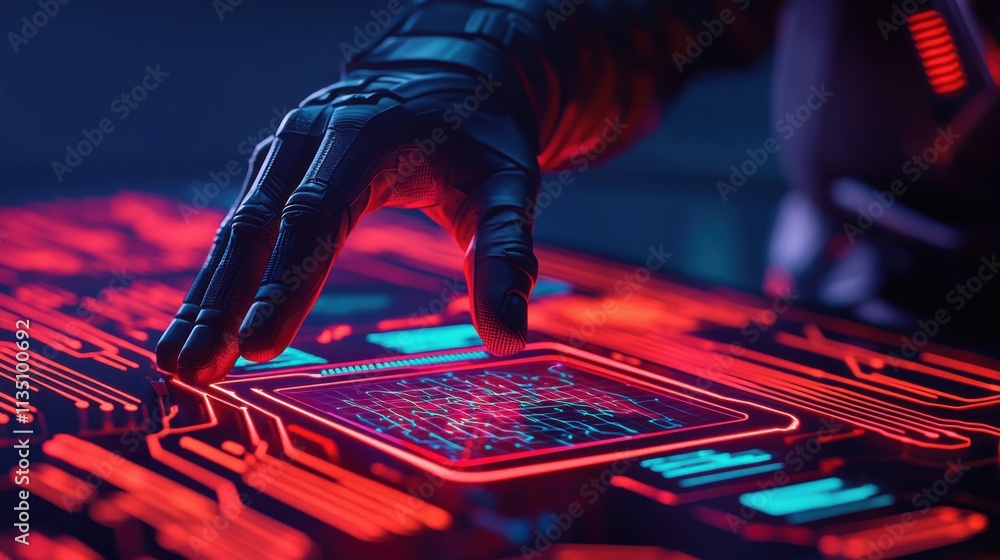 Poster futuristic cybernetic hand interacting with digital interface in neon colors, showcasing advanced te