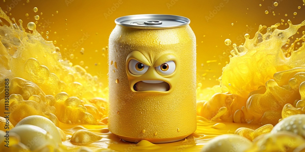 Poster panoramic view of a 3d rendered yellow can with white foam and an angry expression, perfect for uniq
