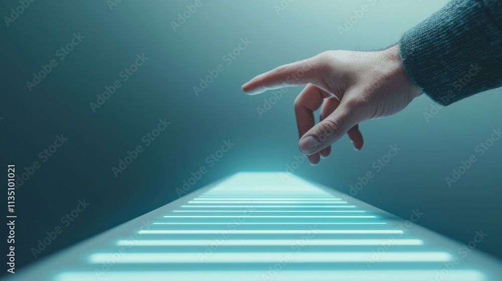 Poster futuristic hand reaching towards a glowing light pathway in abstract setting for conceptual technolo