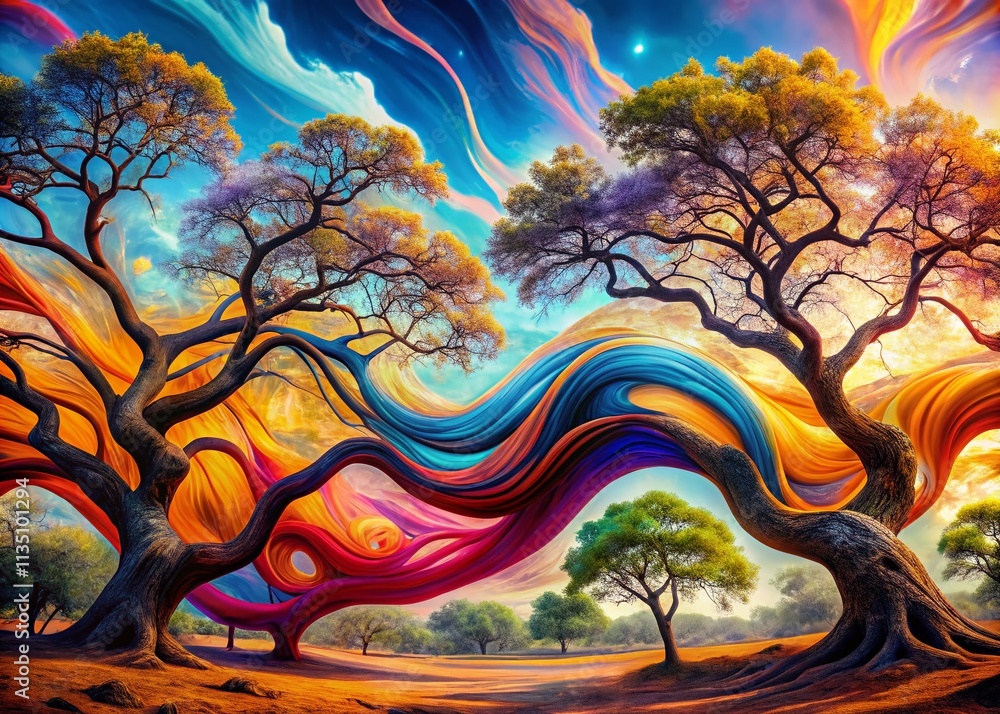 Poster panoramic view of abstract inked tree branches with curved lines, capturing the essence of nature's 