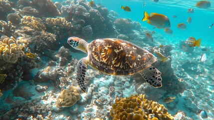 Obraz premium Hawksbill Sea Turtle Gracefully Navigating Vibrant Coral Reef Ecosystem