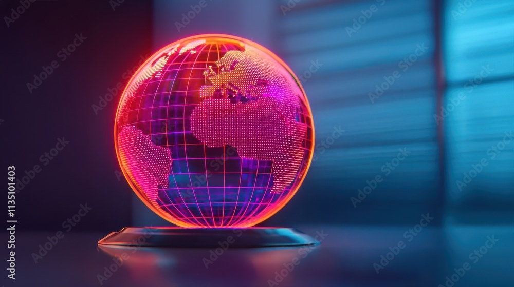 Poster neon globe display with vibrant colors illuminating continents and grid lines against a dark backgro
