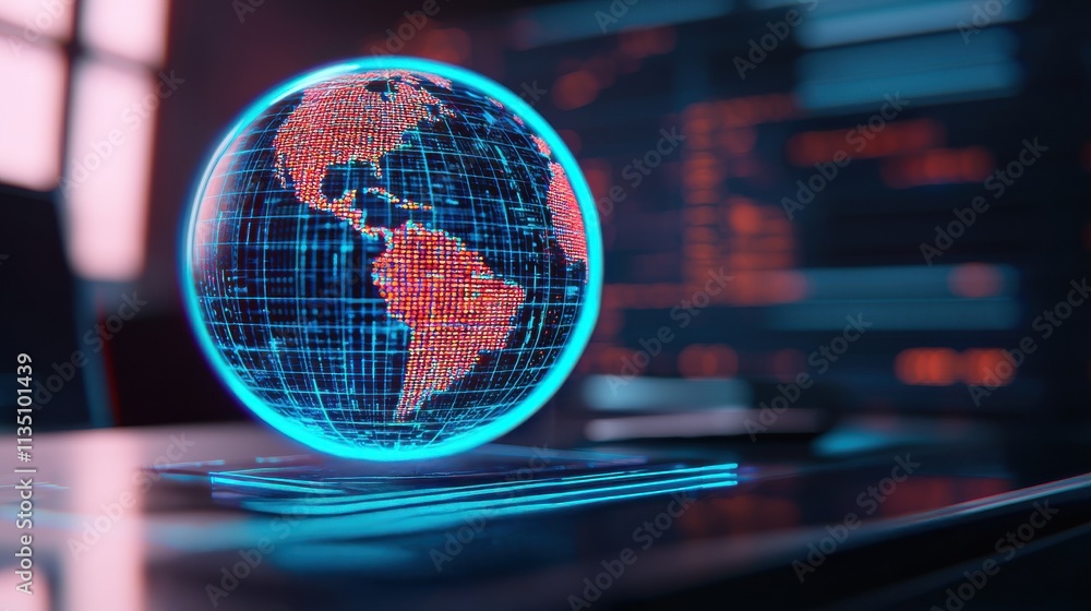 Poster futuristic digital globe with neon lights showcasing north and south america in a modern workspace e