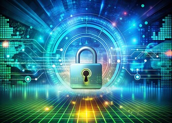 Panoramic View of a Digital Lock Securing Data Connections, Symbolizing Cybersecurity and Trust in the Digital Age with Futuristic Technology Elements