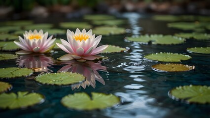 Lotus Flowers and Water Lilies in Bloom on a Tranquil Lake Surrounded by Leaves"