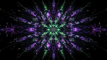 A vibrant, abstract design featuring symmetrical patterns in purple and green hues.