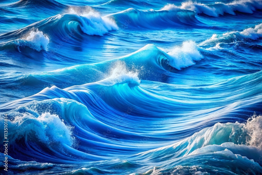 Poster panoramic view of a fluid blue wave pattern embracing the ocean's rhythm, ideal for backgrounds and 