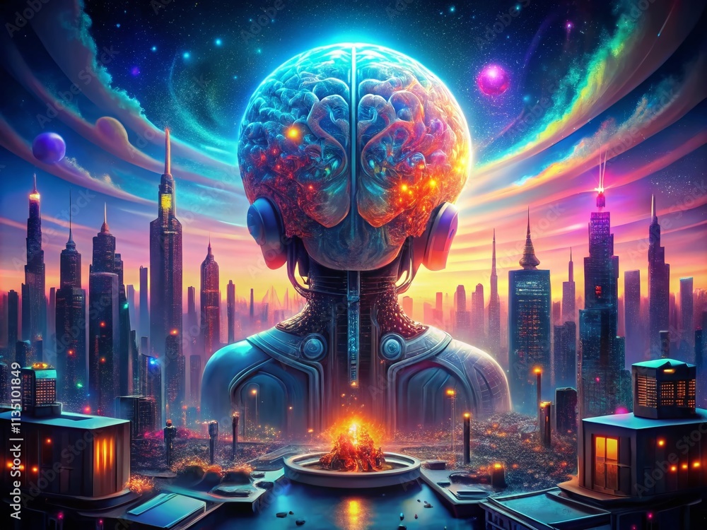 Aufkleber panoramic view of a futuristic city with a robot brain at its core, showcasing digital illustration 