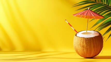 A vibrant yellow backdrop highlights a tropical coconut drink adorned with a cute umbrella and straw, capturing the essence of refreshing summer vibes and blissful relaxation. Blissful. Illustration