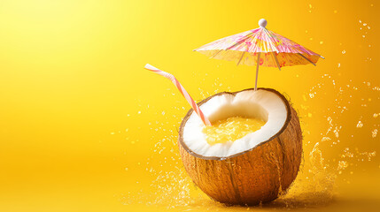 A vibrant yellow backdrop highlights a tropical coconut drink adorned with a cute umbrella and straw, capturing the essence of refreshing summer vibes and blissful relaxation. Blissful. Illustration