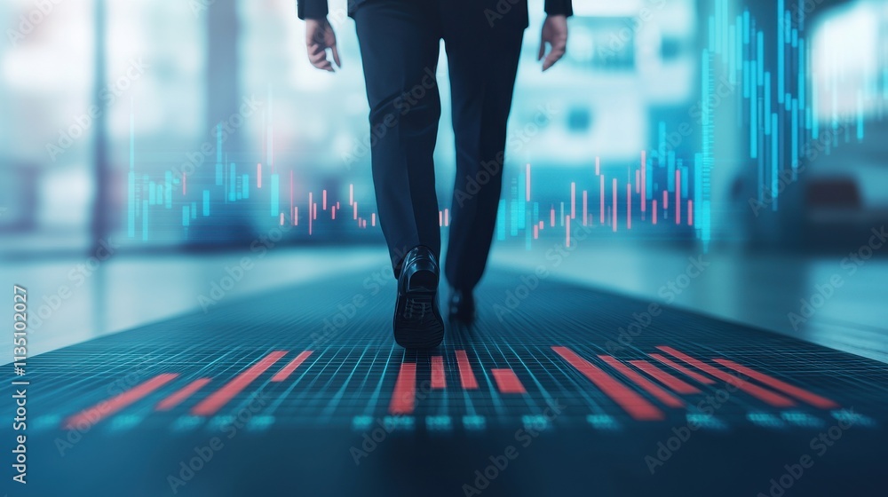 Poster businessman walking on data graph with financial indicators illustrating growth and strategy in a dy