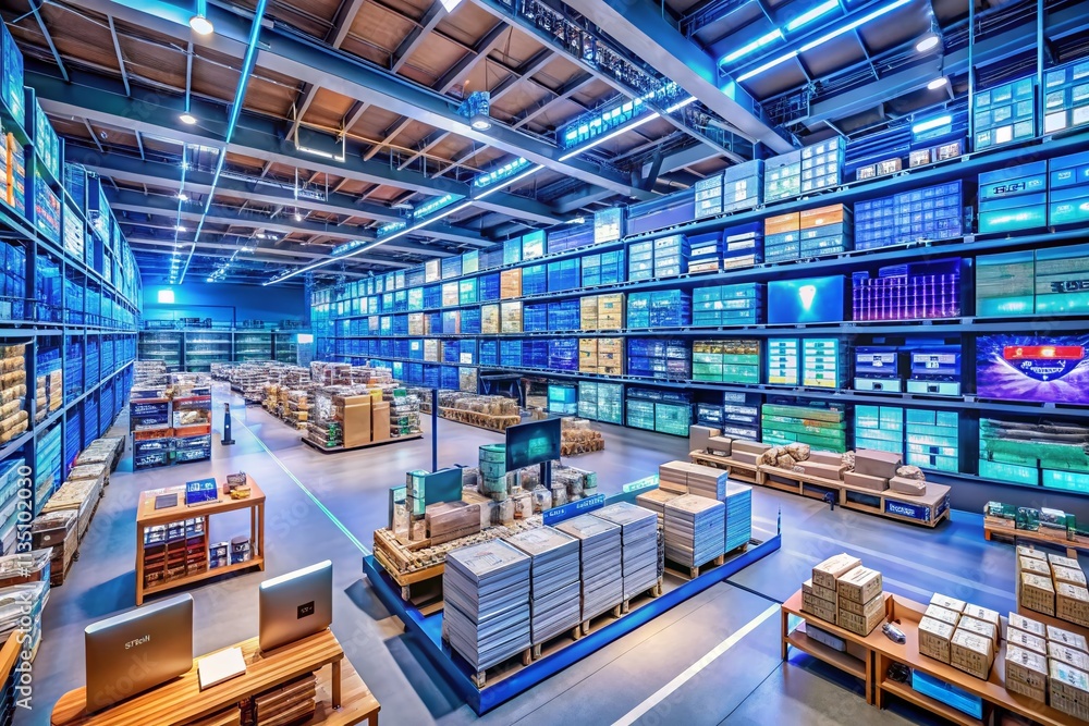 Poster panoramic view of a high-tech digital warehouse showcasing efficient management systems for e-commer