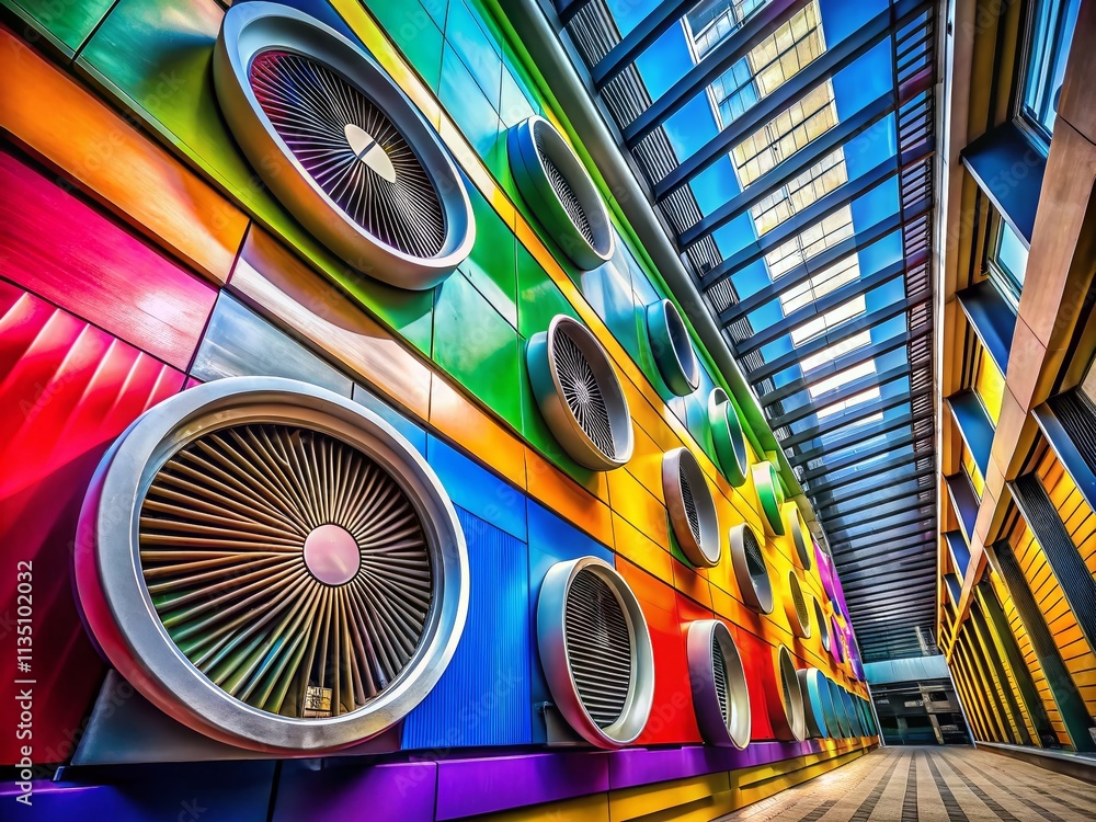 Poster panoramic view of air vent systems in modern architecture showcasing unique designs and structures, 