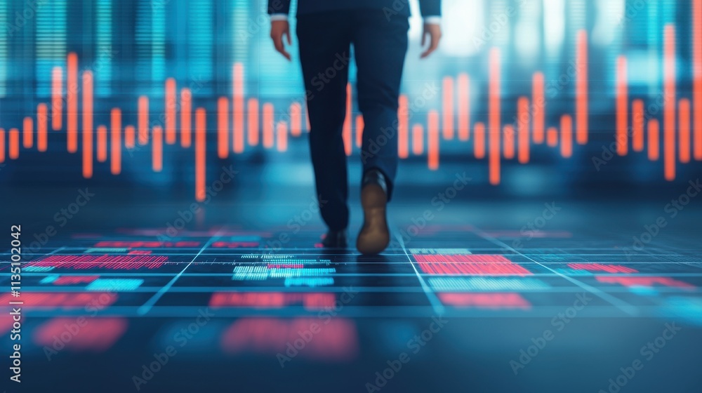 Poster a business professional walking on a digital data visualization floor amidst vibrant graphs and char