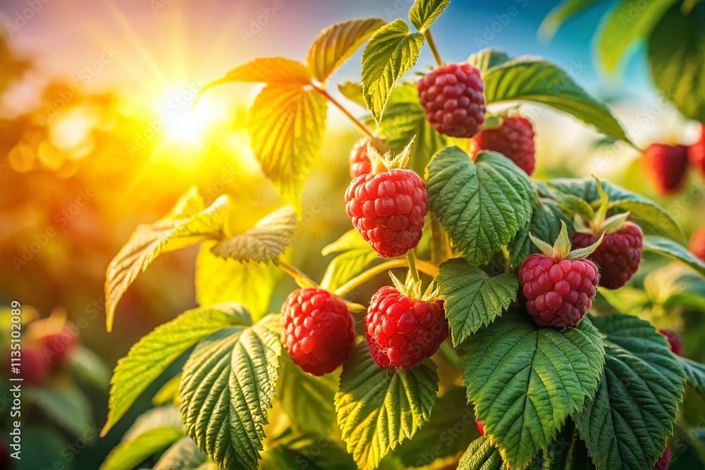 Poster panoramic view of a lush raspberry bush gently swaying in the spring breeze under a bright sunny day