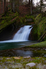 waterfall, eistobel, allgäu, isny, river, creek, stream, moss, forest, autumn, leaves, rock, mountains, alps, water