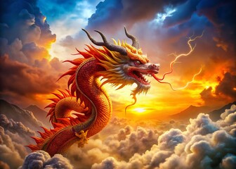 Obraz premium Panoramic View of a Majestic Red Orange Traditional Chinese Dragon Roaring Amidst Dense Clouds and Lightning in the Sky, Capturing the Essence of Mythical Power and Culture