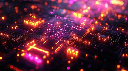 Abstract Circuit Board: Neon Glow, Technological Marvel