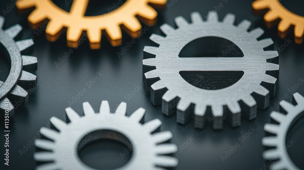 Poster close-up of metal gears with distinctive colors for mechanical engineering and industrial design con