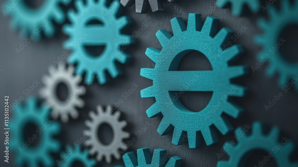Poster close-up view of colorful gears in teal and grey on a dark background representing industry, technol