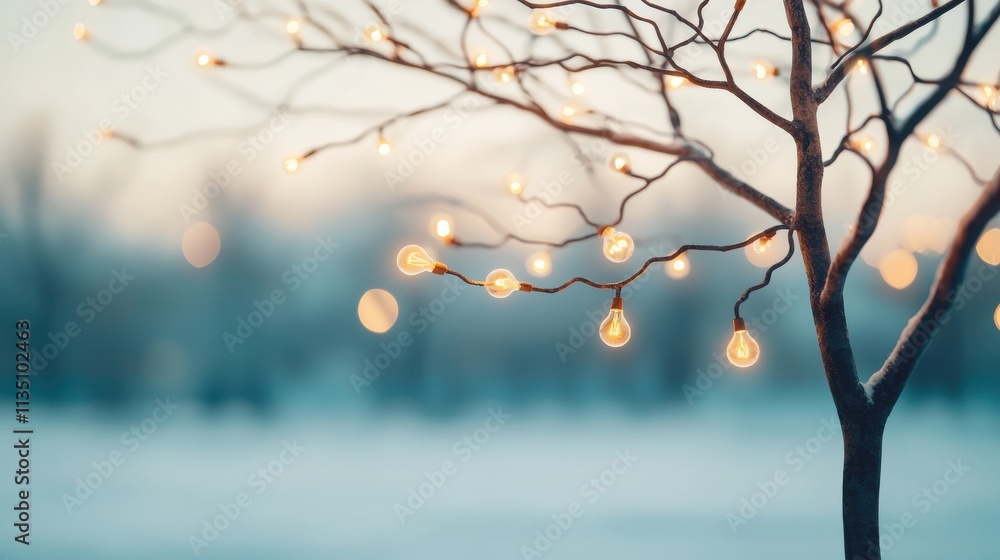 Poster a serene winter scene featuring a tree adorned with glowing string lights in a softly blurred backgr