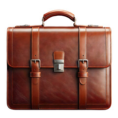 a brown leather briefcase.
The briefcase has a single handle on the top, with two metal clasps. The briefcase has a metal latch and keyhole. 