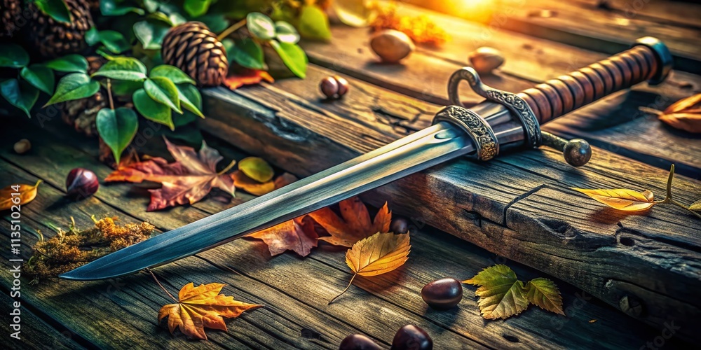 Aufkleber panoramic view of an ancient sword displayed on a rustic wooden table surrounded by natural elements
